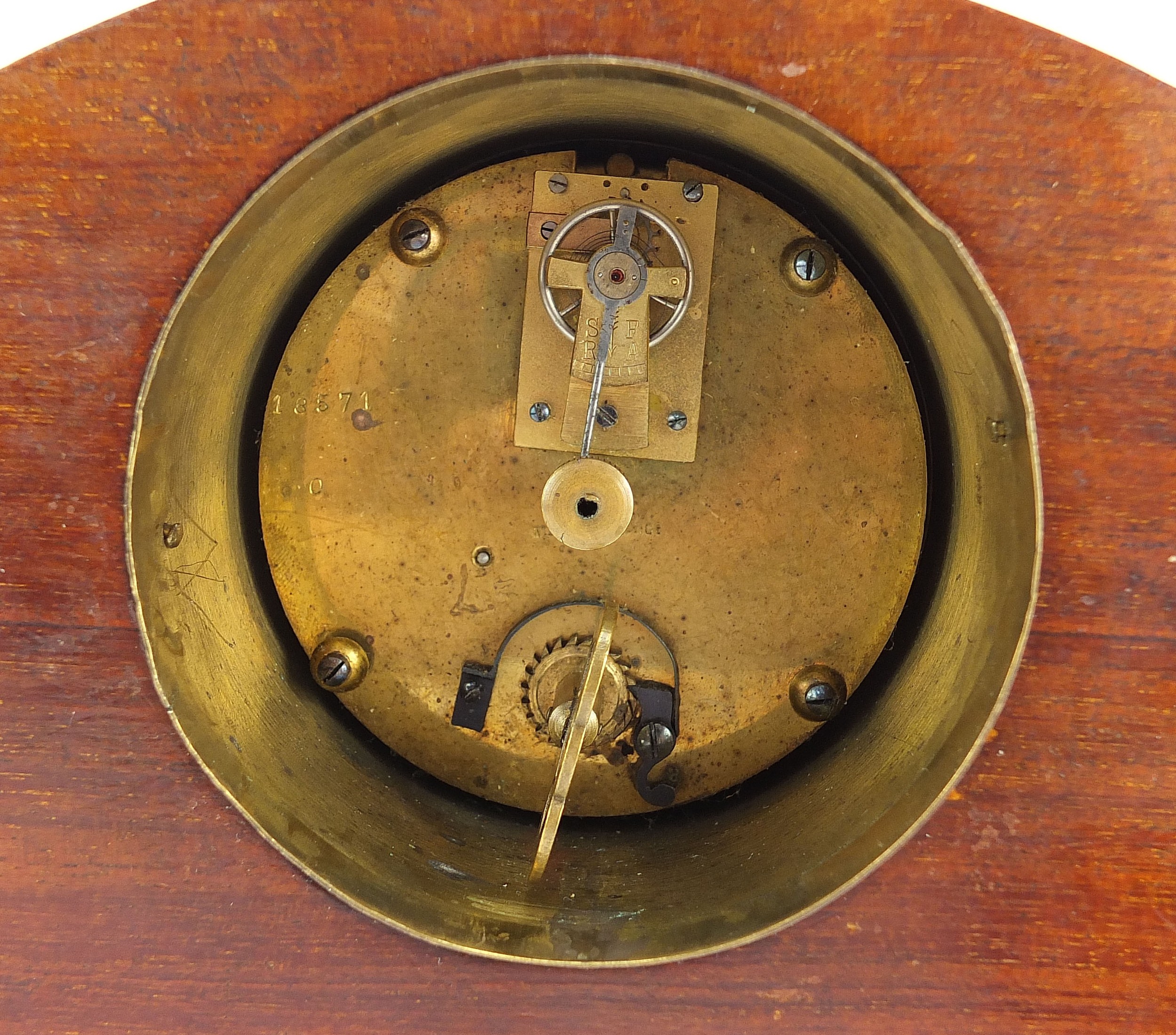 Edwardian inlaid mahogany inlaid mantle clock with Roman numerals, 25.5cm wide : For Further - Image 12 of 18