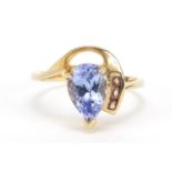 9ct gold tanzanite tear drop and pink stone ring, size N, 3.1g : For Further Condition Reports