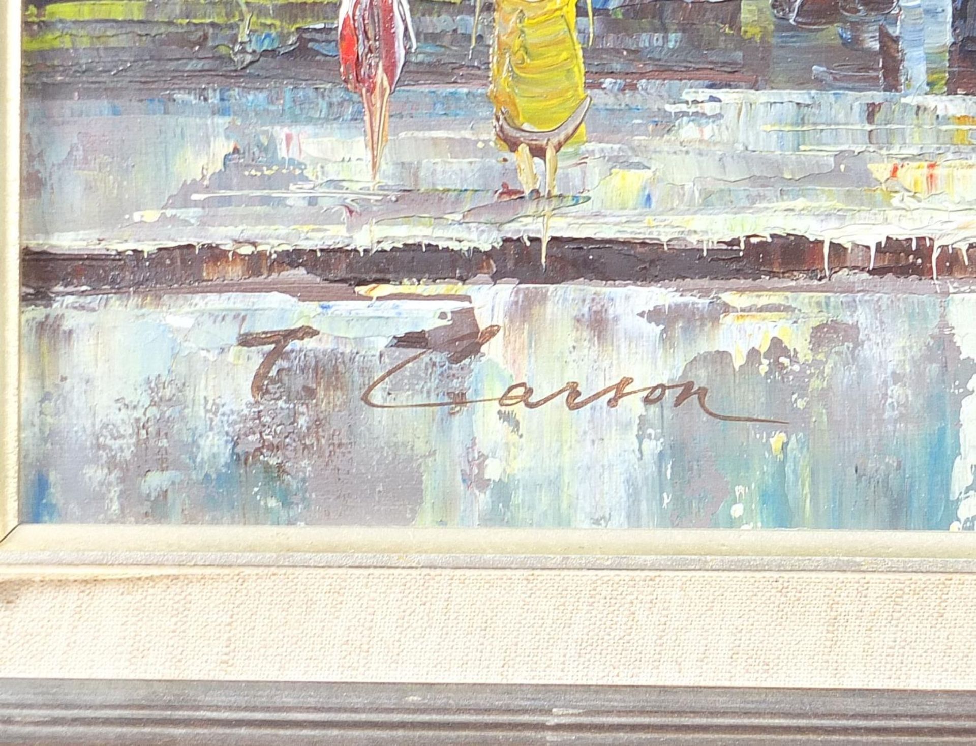 Parisian street scene, Impressionist oil on canvas, bearing an indistinct signature, possibly T - Image 3 of 6