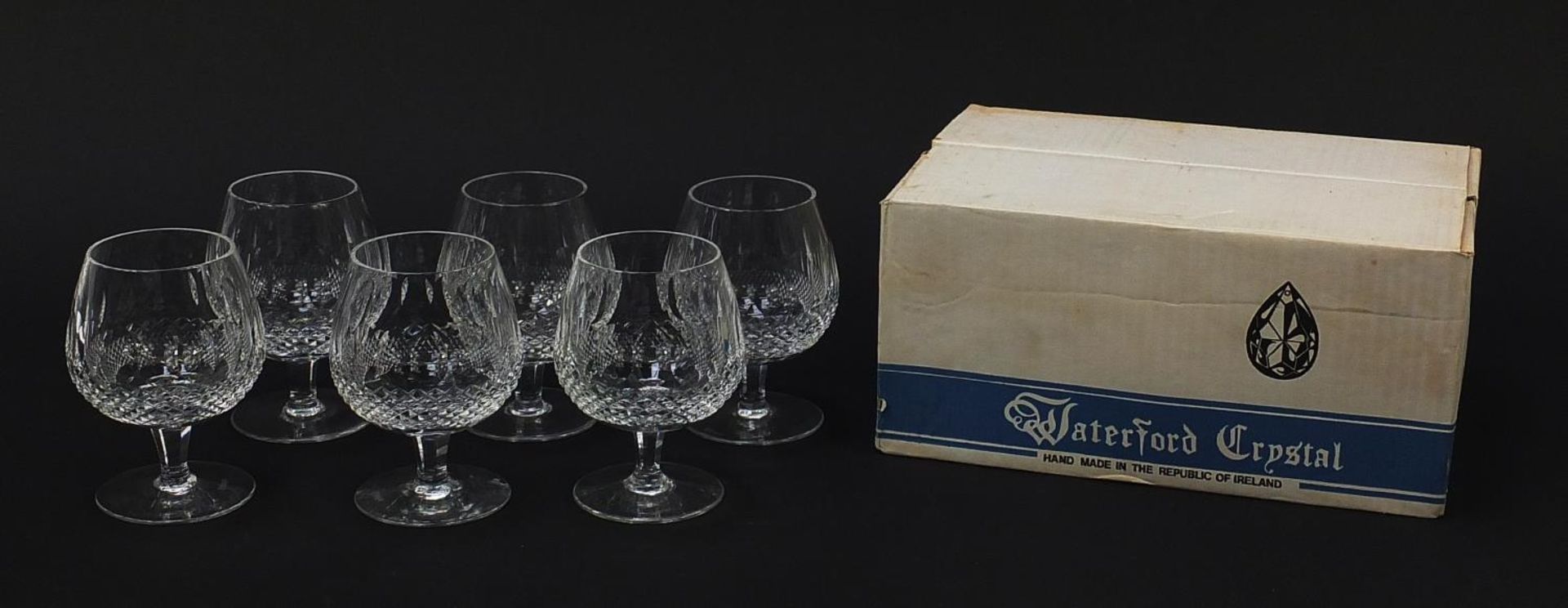 Set of six Waterford Crystal Colleen pattern brandy glasses with box, 13cm high : For Further