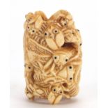 Japanese bone okimono carved with insects, character marks to the base, 5cm in length : For