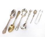 Victorian and later silver and white metal flatware including Victorian silver gilt teaspoon,