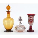 Glassware comprising an amber decanter with Brook & Son Edinburgh paper label, Art Deco scent bottle