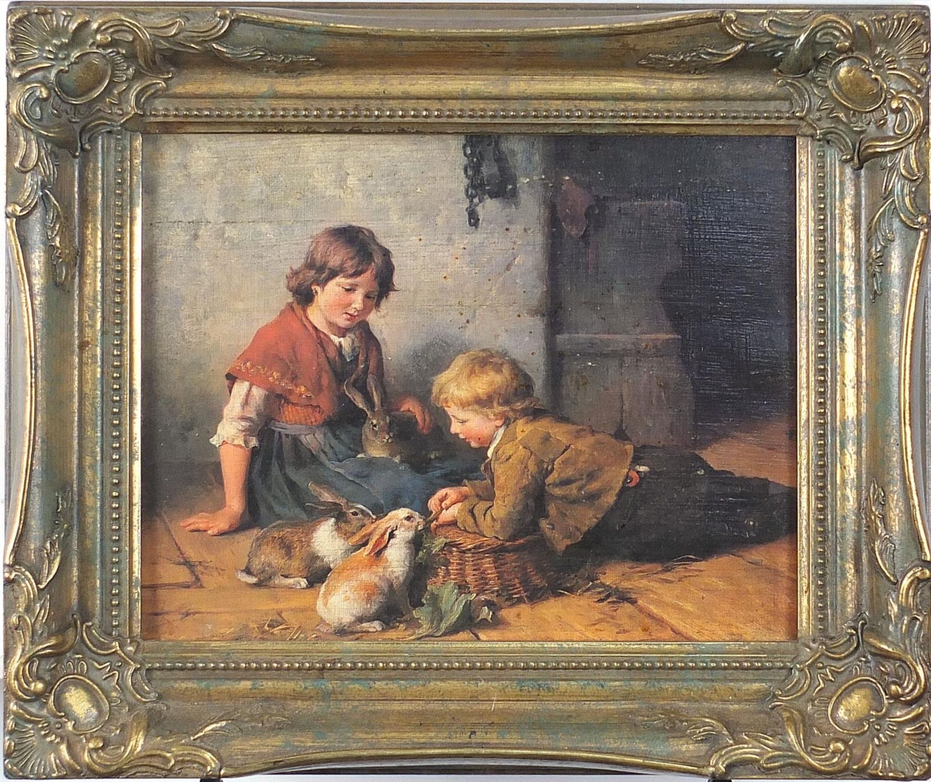 Children and rabbits in an interior, oleograph in colour, mounted and framed, 24cm x 19cm - Image 2 of 3