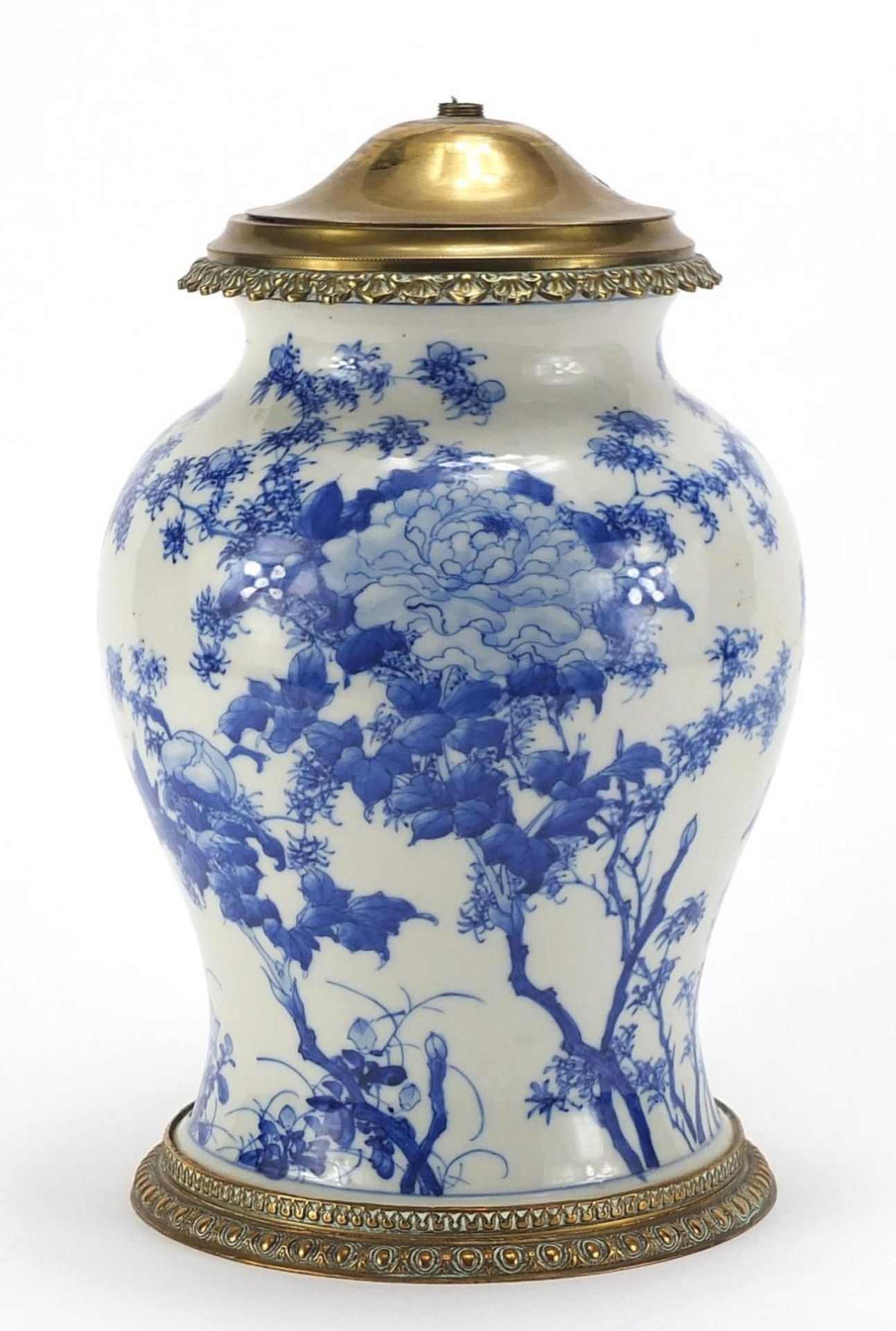 Japanese blue and white porcelain baluster vase table lamp with brass mounts, hand painted with