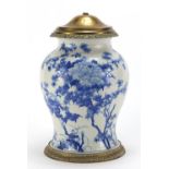 Japanese blue and white porcelain baluster vase table lamp with brass mounts, hand painted with