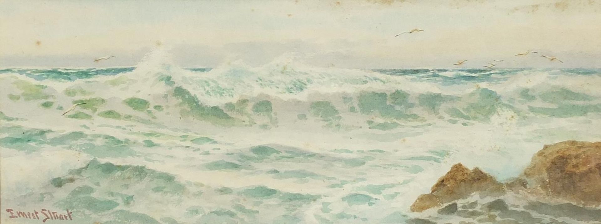 Ernest Stuart - Coastal scene with seagulls, watercolour, mounted, framed and glazed, 29cm x