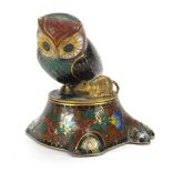 Chinese owl design cloisonne pot with cover, 6.5cm high : For Further Condition Reports Please Visit