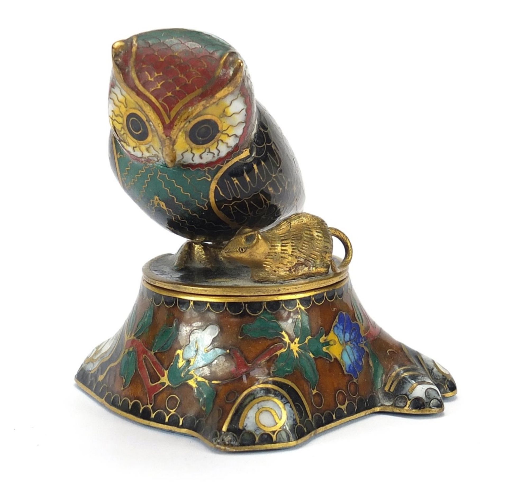 Chinese owl design cloisonne pot with cover, 6.5cm high : For Further Condition Reports Please Visit