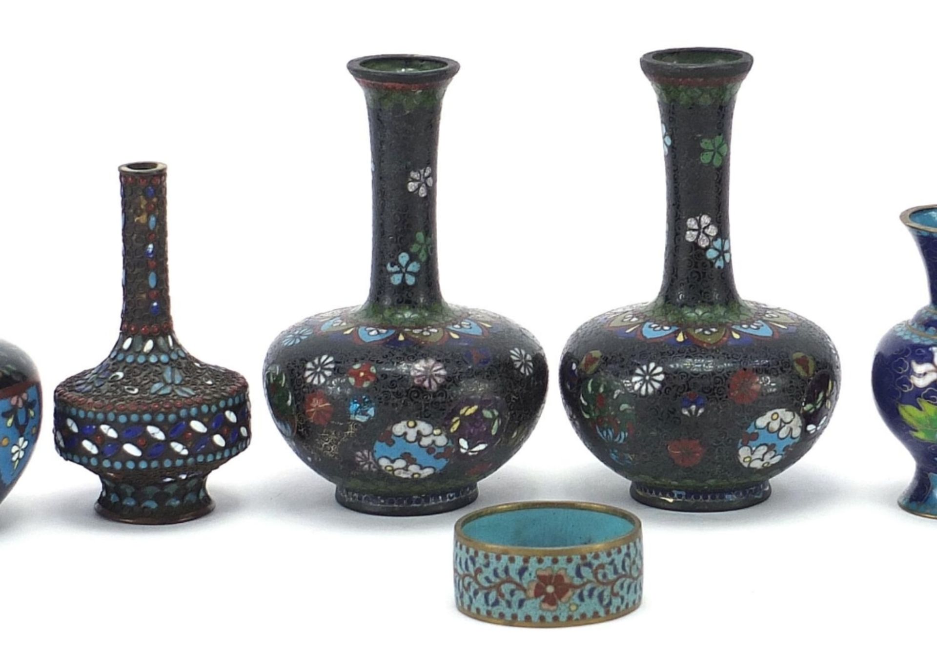 Chinese cloisonne including pair of vases and a jar enamelled with flowers, the largest each 11. - Image 3 of 6