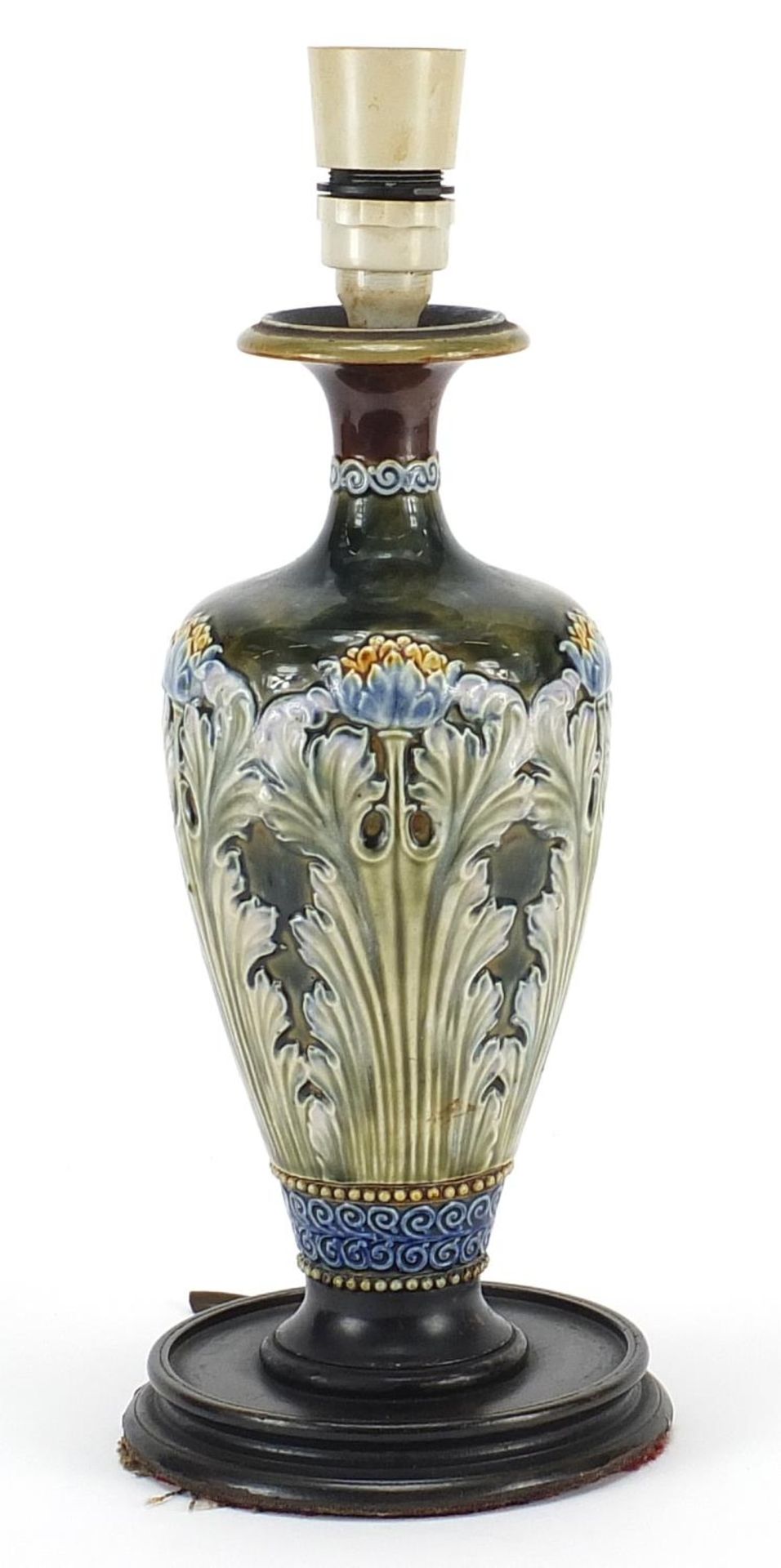 Royal Doulton, Art Nouveau stoneware vase lamp hand painted with flowers, 34.5cm high : For