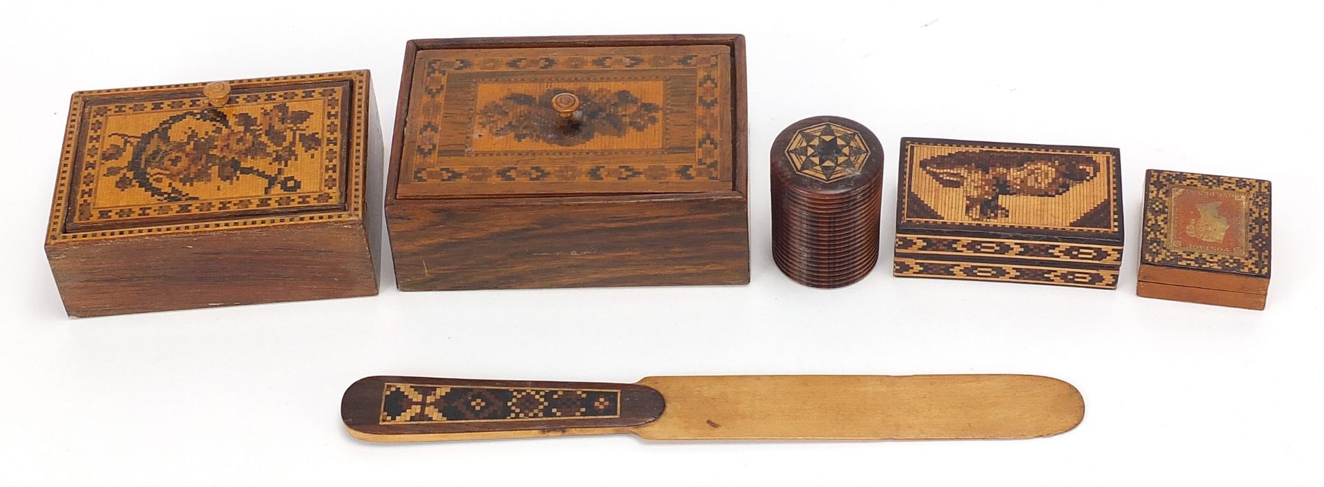 Victorian Tunbridge ware including a rosewood box inlaid with a dog, stamp box with penny red and - Image 2 of 3