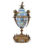 19th century style gilt metal and porcelain garniture vase, hand painted with birds and flowers,