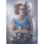 Female holding flowers, chalk, indistinctly signed, unframed, 50cm x 35.5cm : For Further