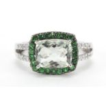 9ct white gold aquamarine and green stone ring, with diamond shoulders, size N/O, 4.6g : For Further