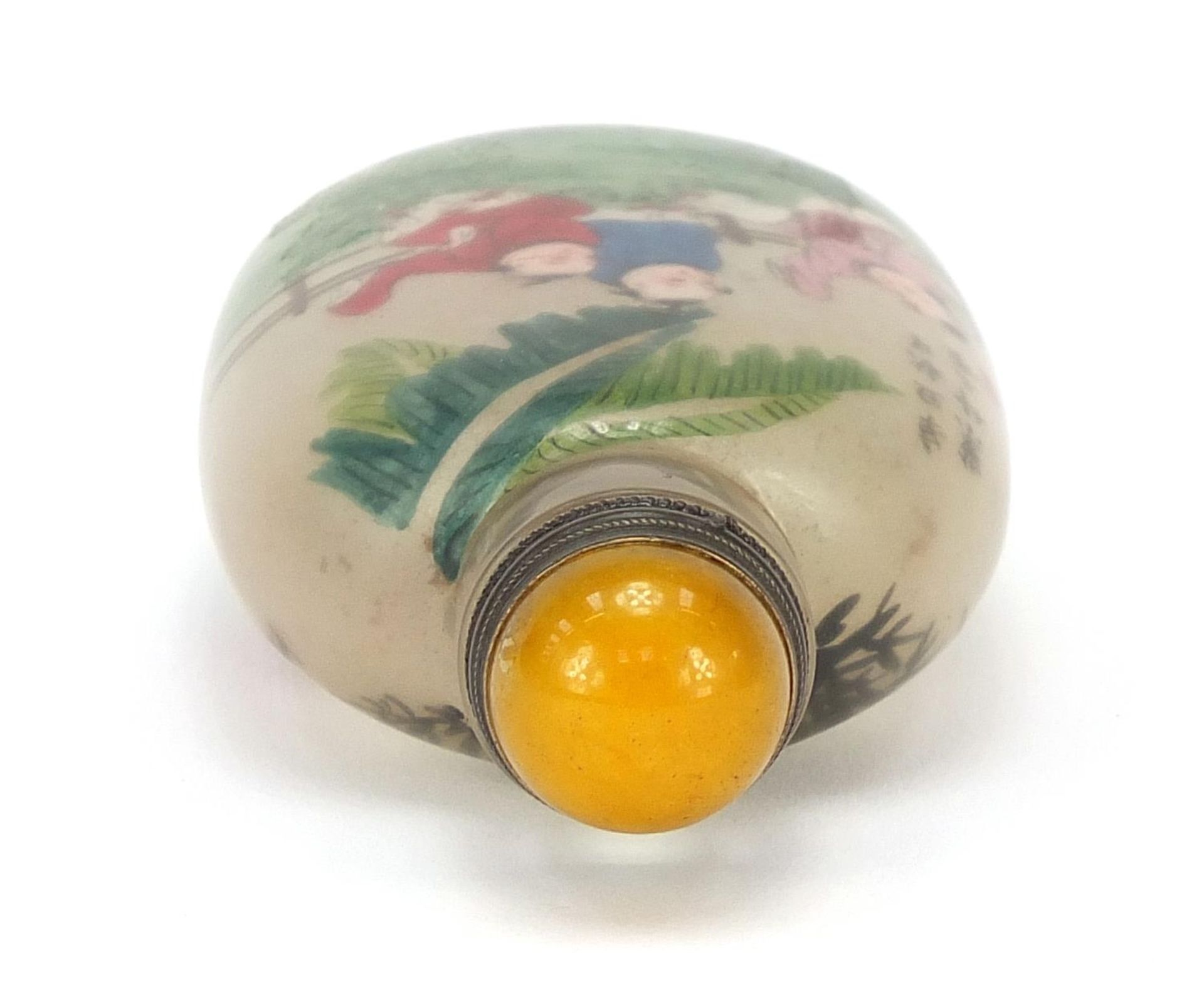 Chinese glass snuff bottle with hardstone stopper, internally hand painted with an Emperor, 9.5cm - Bild 5 aus 7