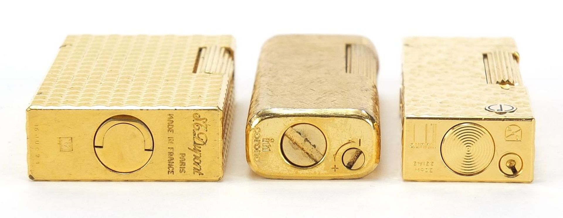 Three vintage gold plated pocket lighters comprising Dunhill with fitted case, S J Dupont and - Image 5 of 6