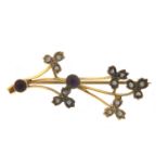 Antique unmarked gold amethyst and seed pearl bar brooch, housed in an antique H Samuel box, 3.8cm