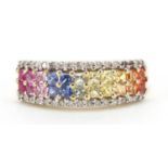 9ct gold diamond and multi gem four row ring, size R, 3.9g : For Further Condition Reports Please