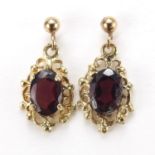Pair of 9ct gold garnet drop earrings, 1.7cm high, 1.4g : For Further Condition Reports Please Visit