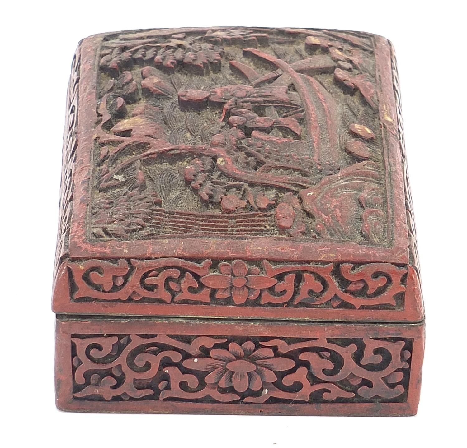 Chinese cinnabar lacquer plate and box with cover, each carved with figures, the largest 21cm in - Image 5 of 10