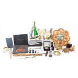 Sundry items including a shellwork photo frame, corkscrew, Battle of Trafalgar pocket watch, hip