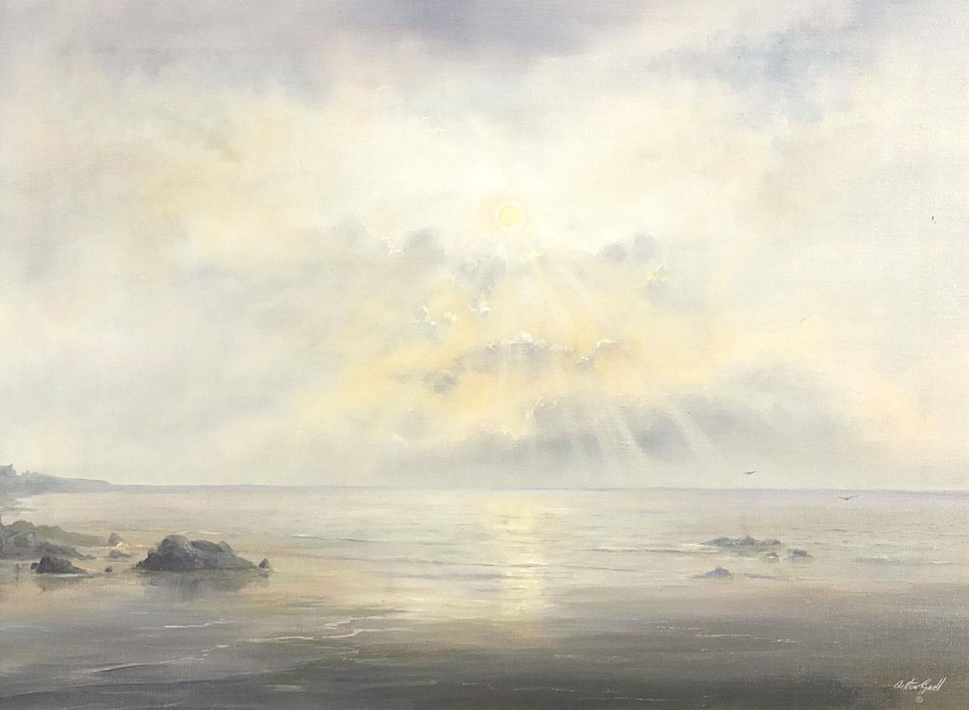 Arthur Gadd - The tranquil shore, oil on canvas, mounted and framed, 55cm x 39cm excluding the mount