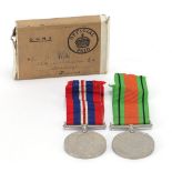 Two British military World War II medals with box of issue : For Further Condition Reports Please