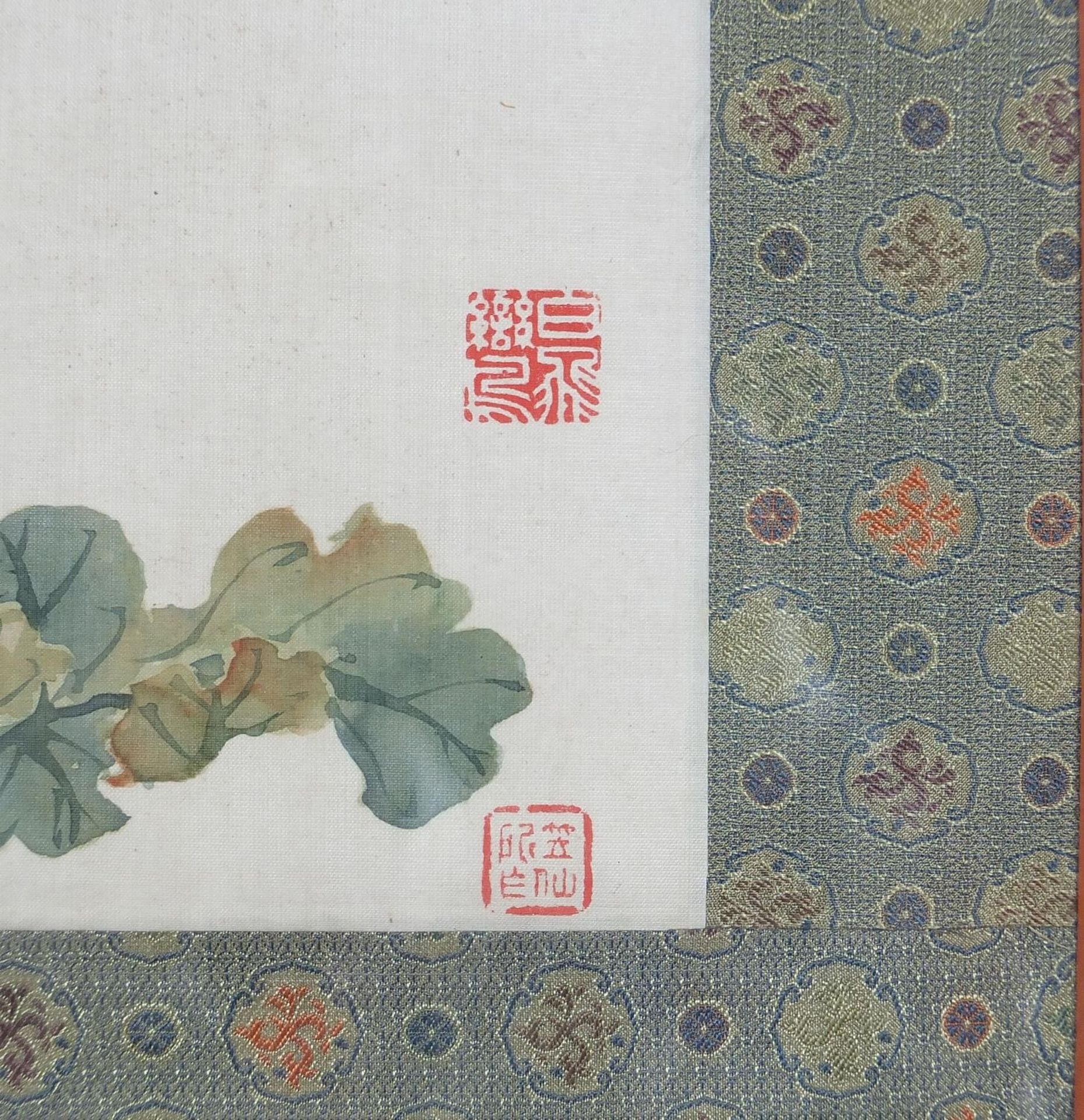 Leaves and flowers, set of three Chinese watercolours on silks, each with red seal marks, mounted, - Image 14 of 15