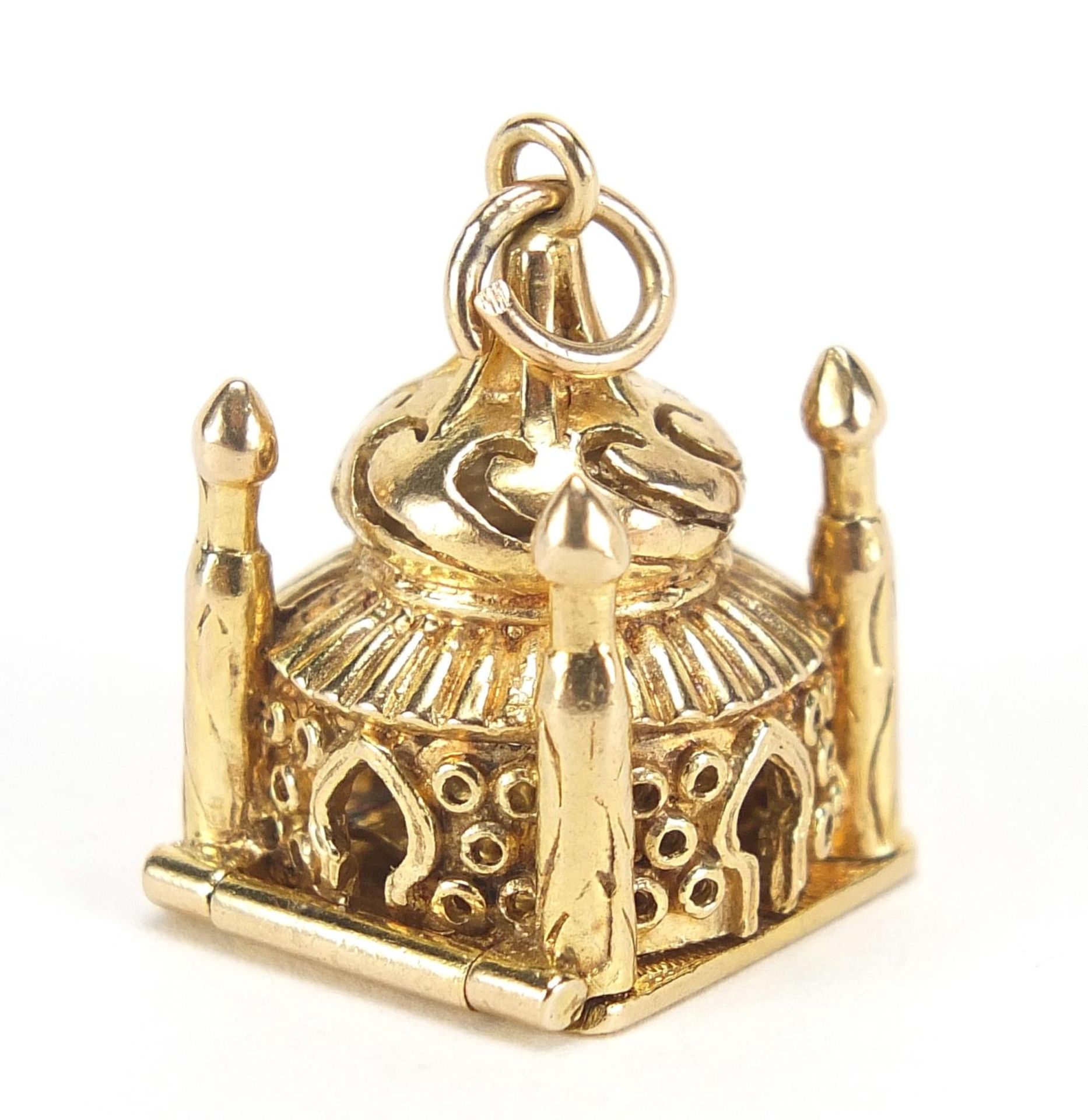 9ct gold and enamel Taj Mahal charm opening to reveal a praying figure, 2.2cm high, 10.2g : For - Image 4 of 7