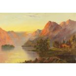 Francis Jamieson - Highland lake before mountains, oil on canvas, mounted and framed, 60cm x 40cm