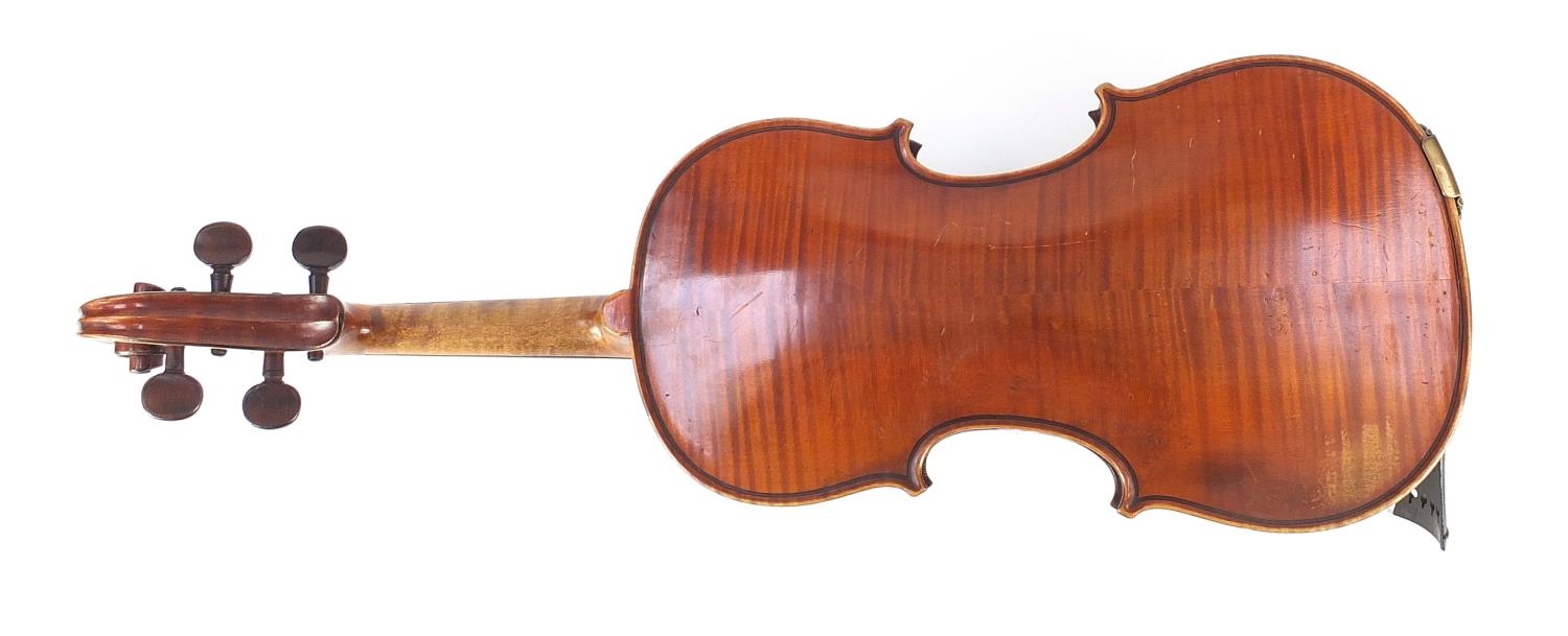 Old wooden violin with scrolled neck, the violin back 13.5 inches in length : For Further - Image 3 of 6