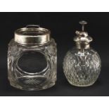 Art Deco silver mounted cut glass jar and cover and a sterling silver mounted atomiser, the