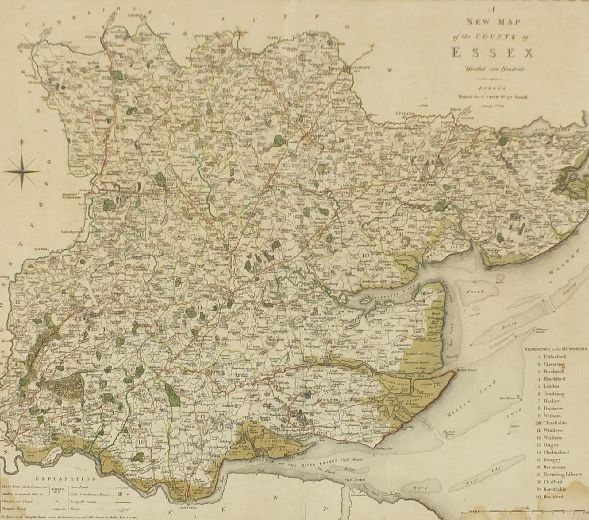 Early 19th century hand coloured map of Essex, mounted, framed and glazed, 49.5cm x 44.5cm excluding - Image 2 of 6