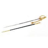 Wilkinson, military interest Elizabeth II court sword with engraved blade, scabbard and case, 97.5cm