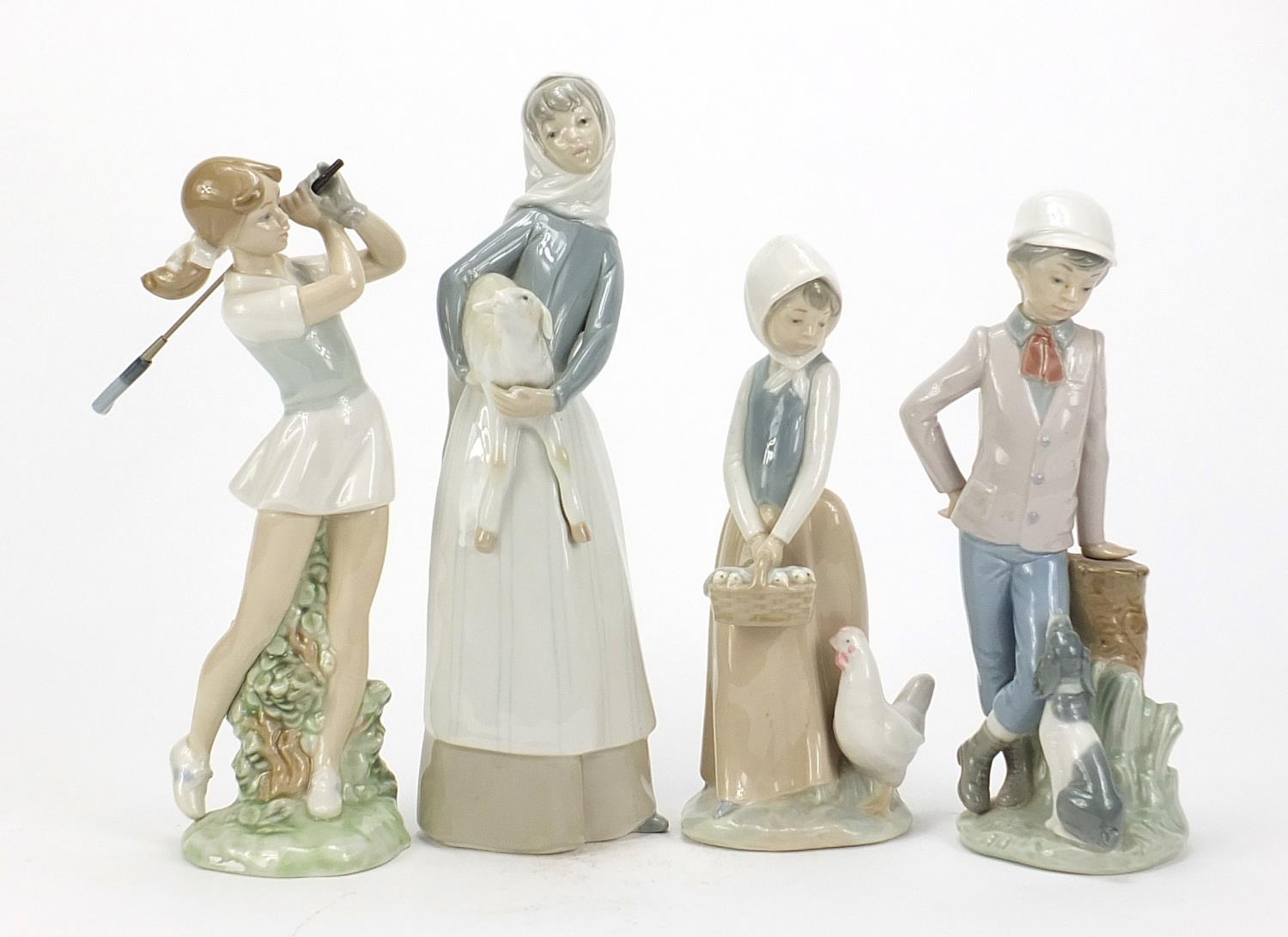 Lladro and Nao china figures including lady with lamb and female golfer, the largest 27.5cm high :