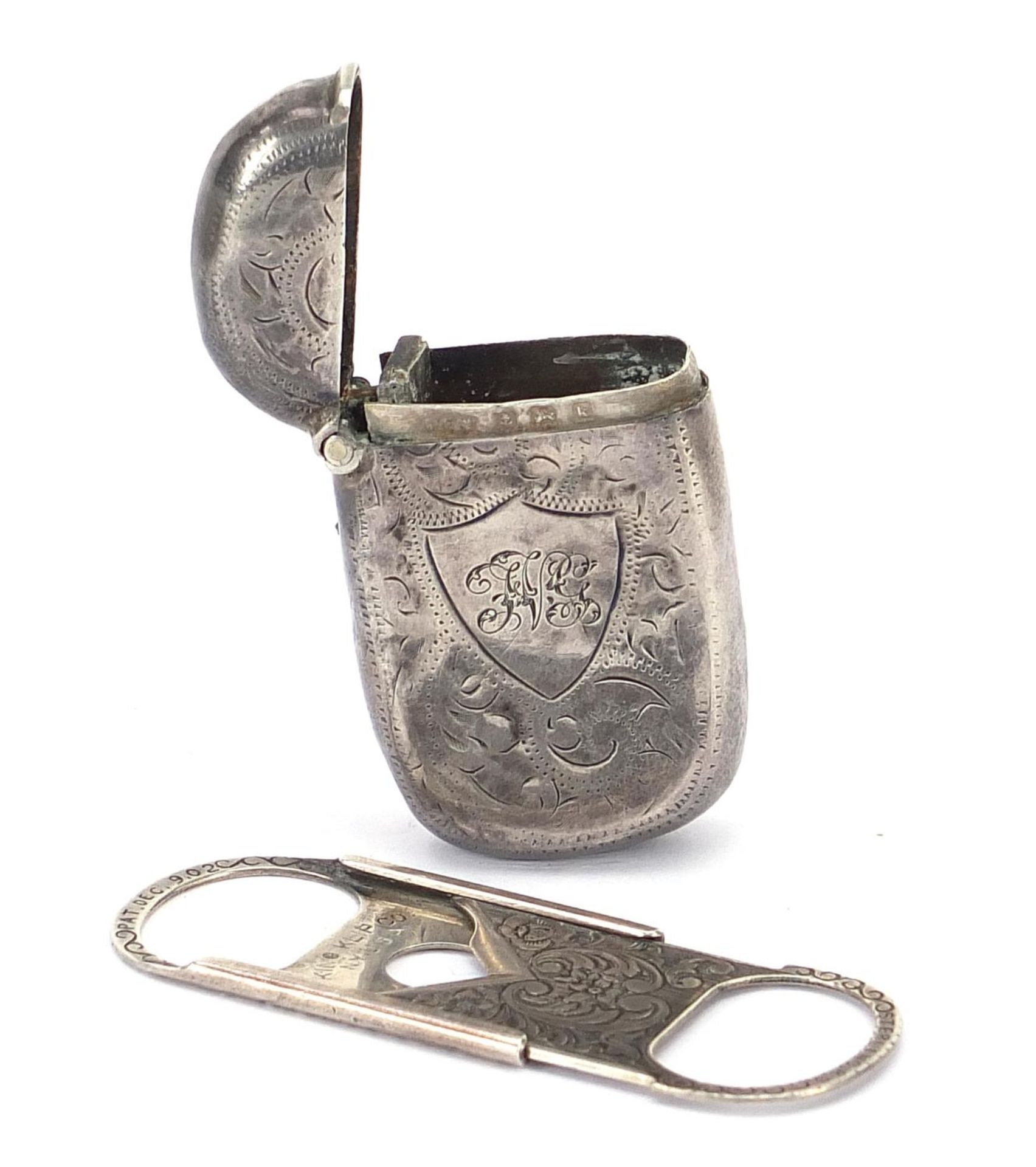 Edwardian silver vesta and sterling silver cigar cutter, the vesta hallmarked Birmingham 1909, the - Image 2 of 5