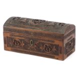 Chinese dome top sandalwood casket profusely carved with figures and flowers, 15.5cm H x 32cm W x