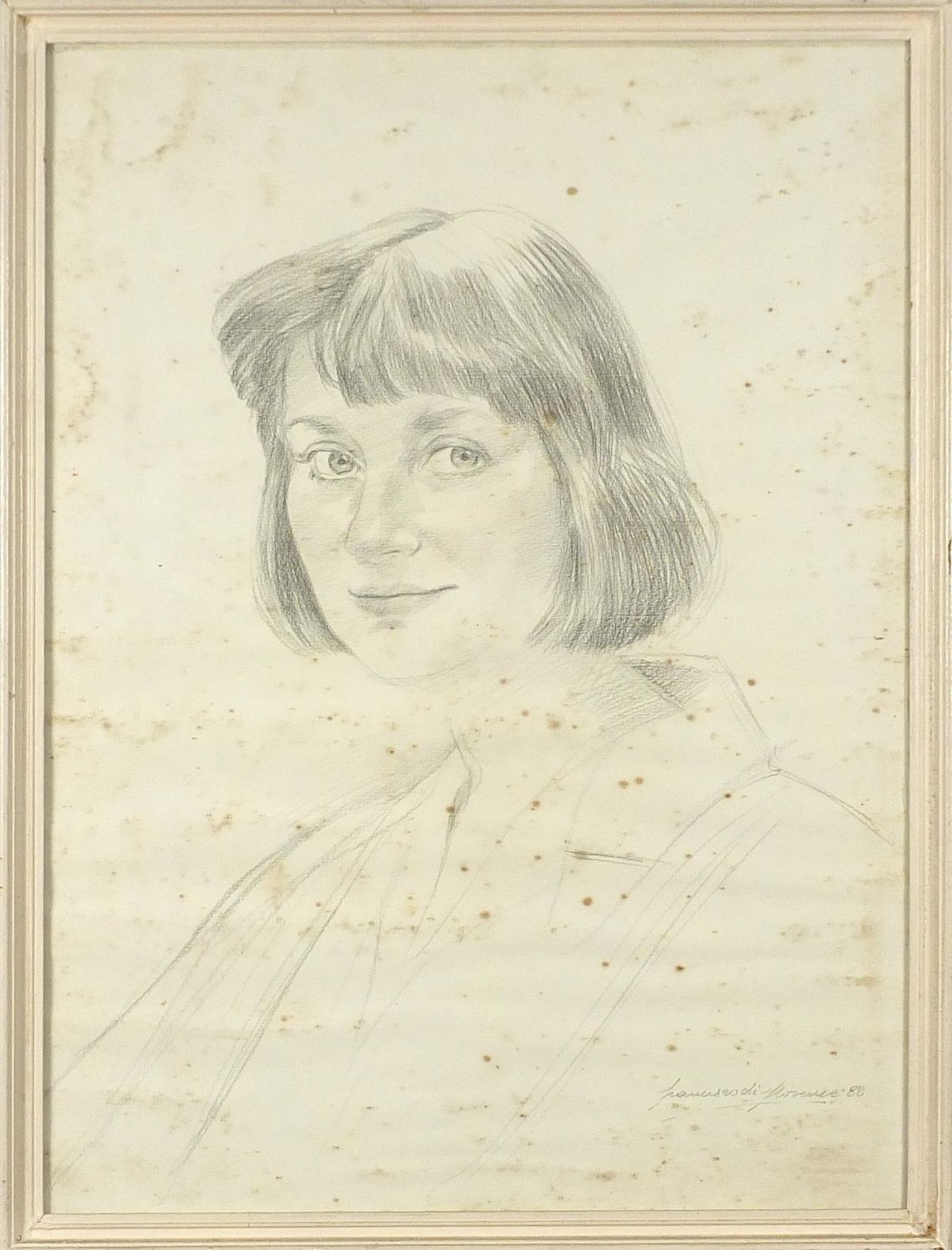 Head and shoulders portrait of a female, pencil on paper, indistinctly signed, possibly Francis... - Image 2 of 4