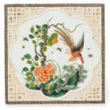 Chinese porcelain square panel hand painted in the famille verte palette with a phoenix and