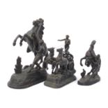 Three patinated bronze Marley horse with trainers and a chariot, the largest 42cm high : For Further