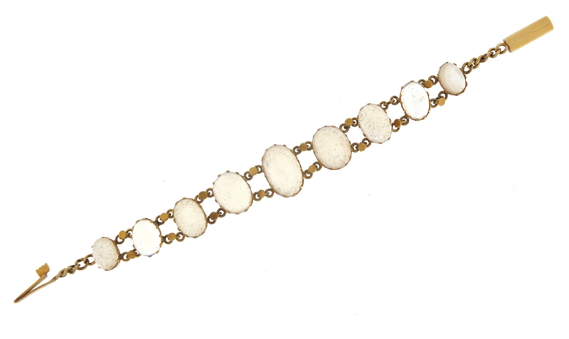 Antique unmarked gold graduated cabochon moonstone bracelet, 13cm in length, 7.6g : For Further - Image 2 of 4