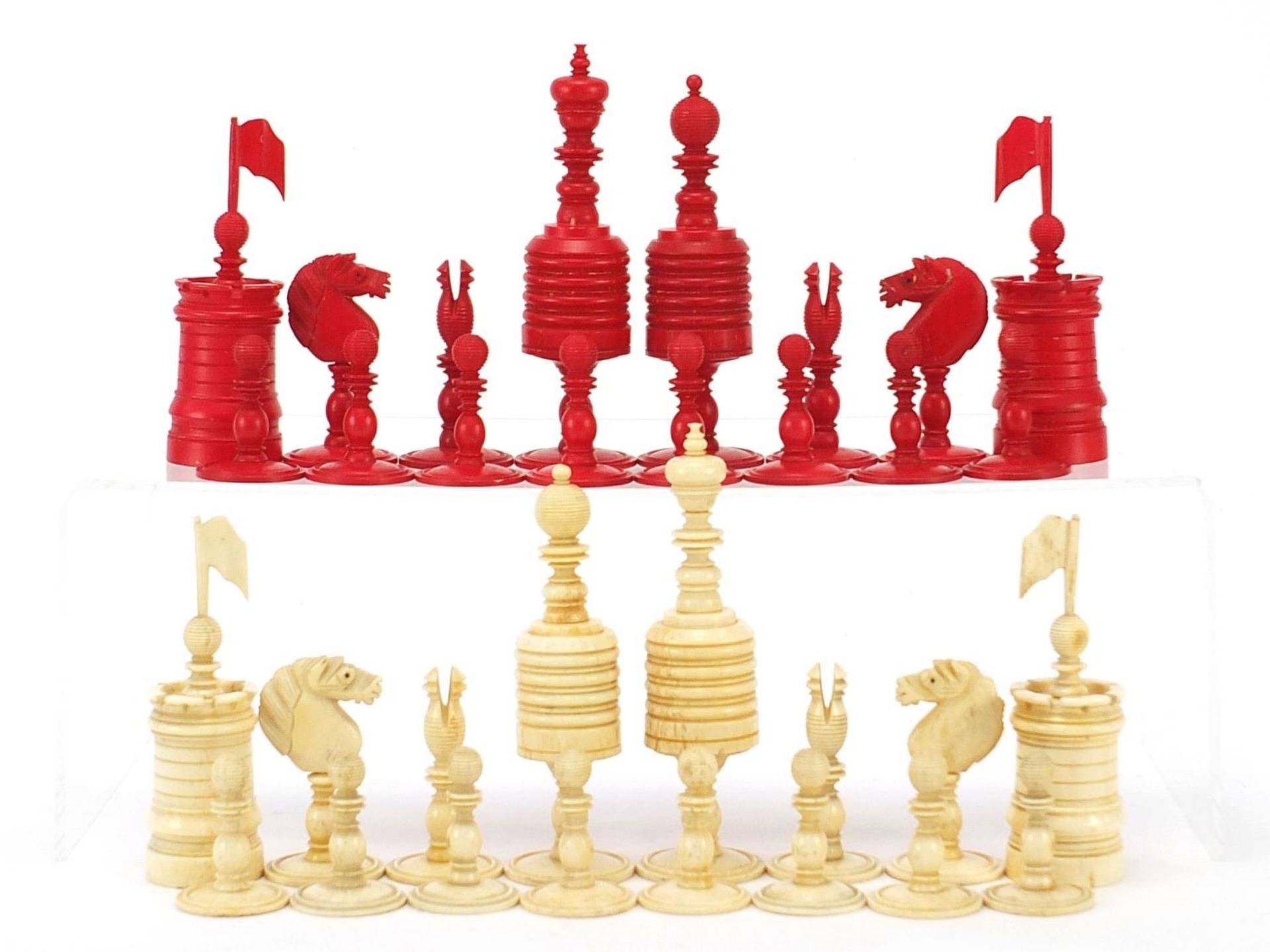 19th century half stained carved bone chess set, the largest pieces each 12cm high : For Further - Image 2 of 7