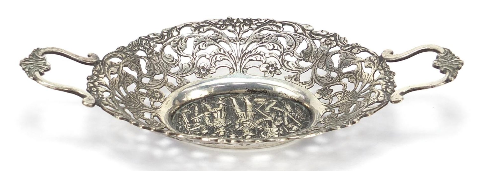 Continental oval pierced silver coloured metal twin handled bonbon dish embossed with cavaliers, - Image 8 of 10