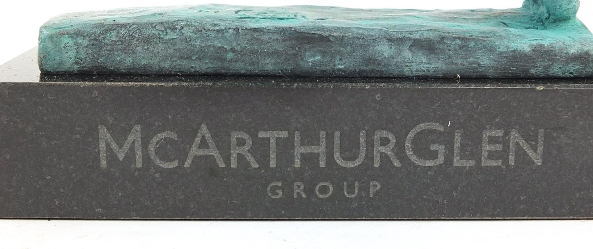 Mark Coreth for McArthur Glen Group, Verdigris bronze study of a winged lion raised on a rectangular - Image 4 of 6