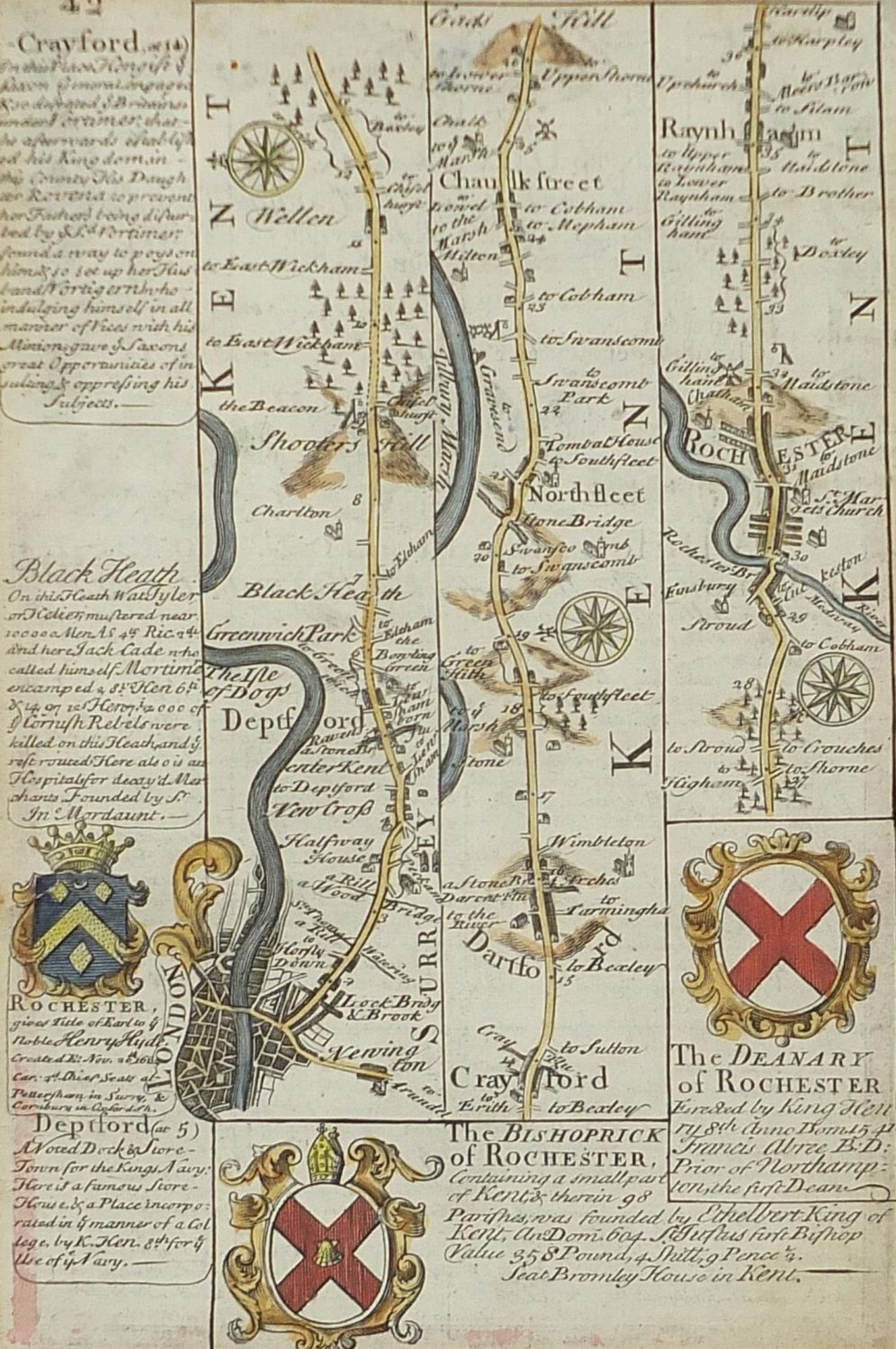 Three antique hand coloured road maps including two by John Owen Emmanuel Bowen, mounted, framed and - Image 3 of 20