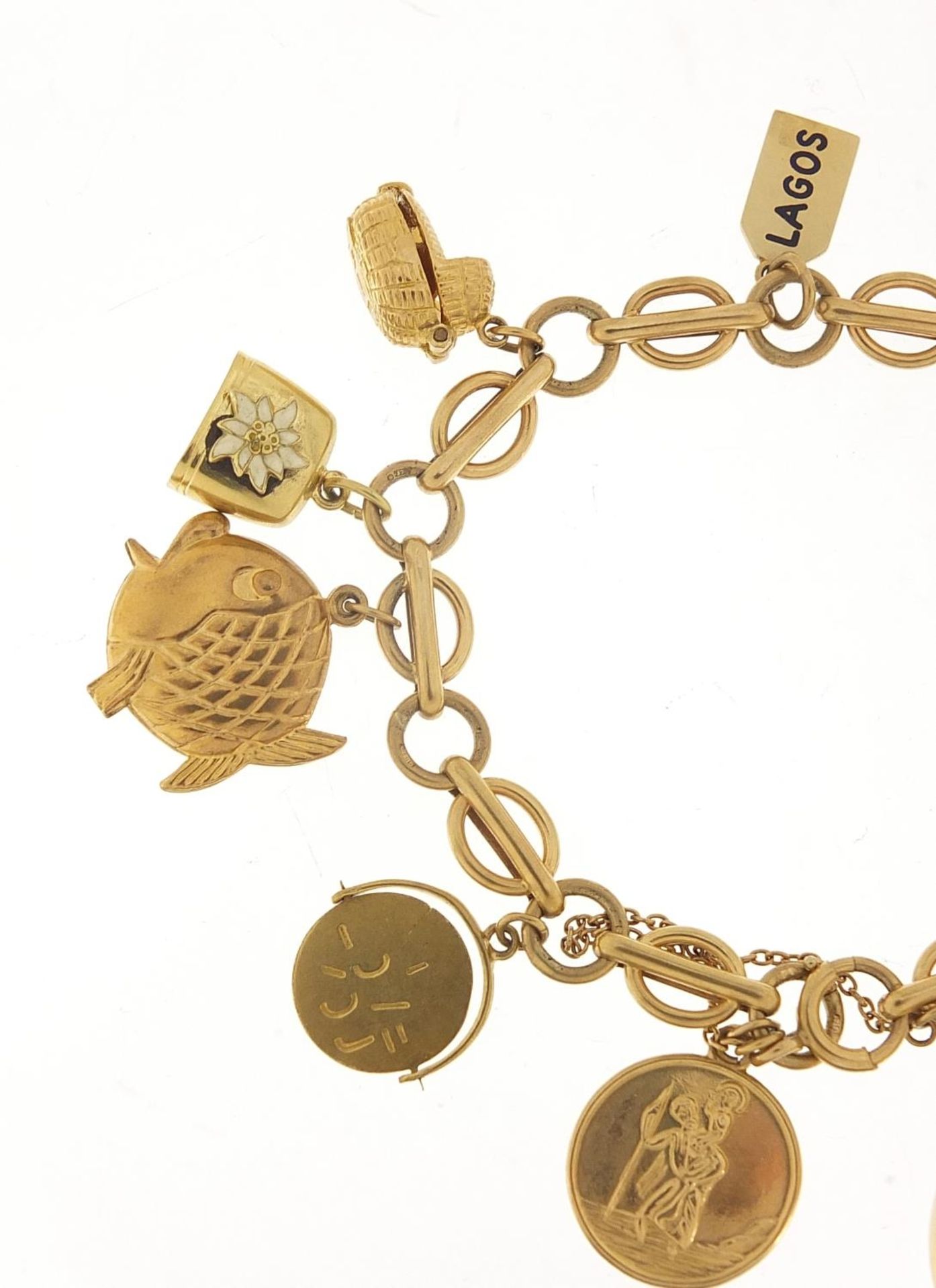 9ct gold charm bracelet with a selection of mostly gold charms including St Christopher, Dutch - Bild 2 aus 8