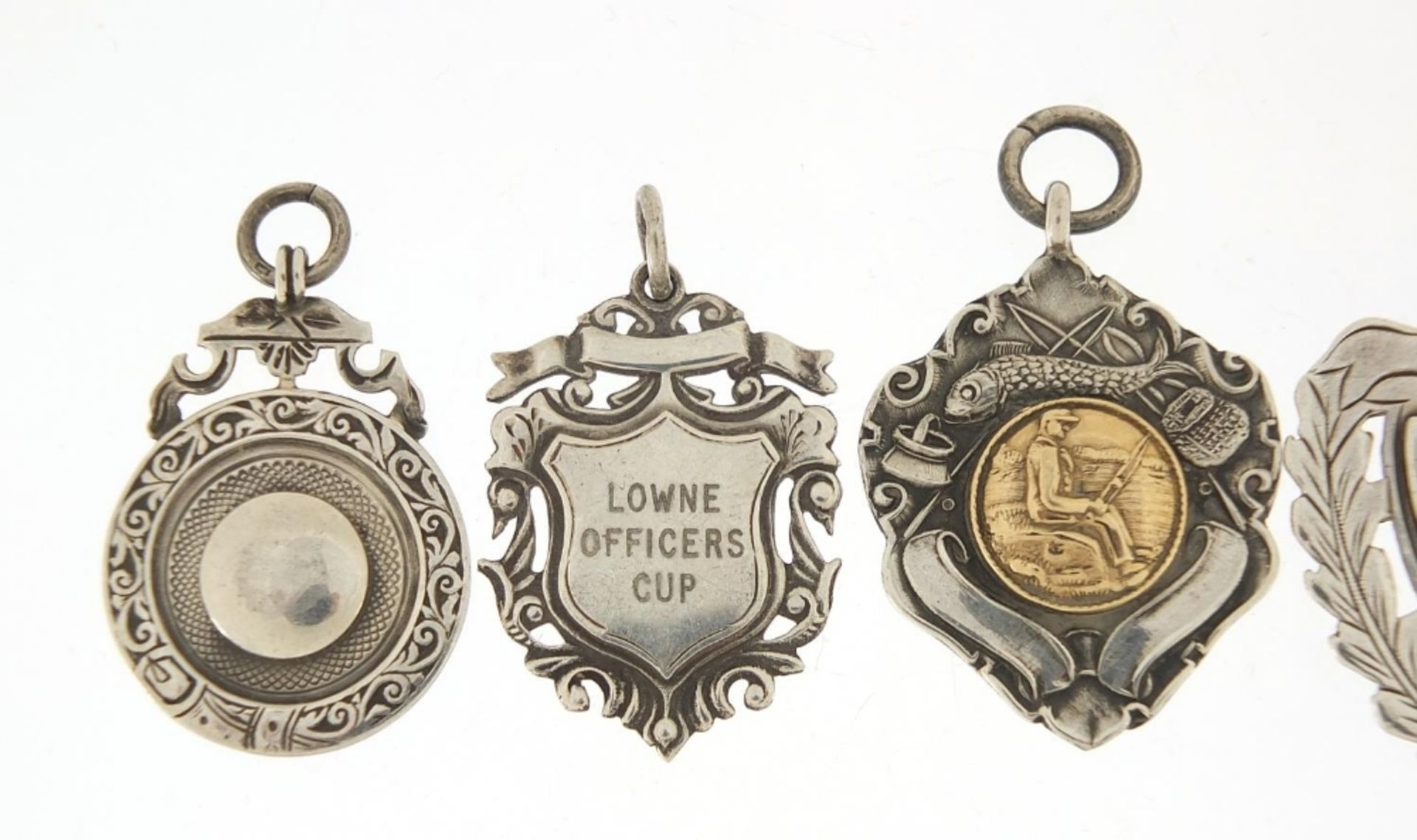 Five Edwardian and later silver sports jewels including Lowne Officer's Cup and London Angler's - Bild 2 aus 8