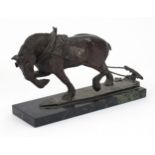 Patinated bronze workhorse raised on a rectangular green marble base, 32cm in length : For Further