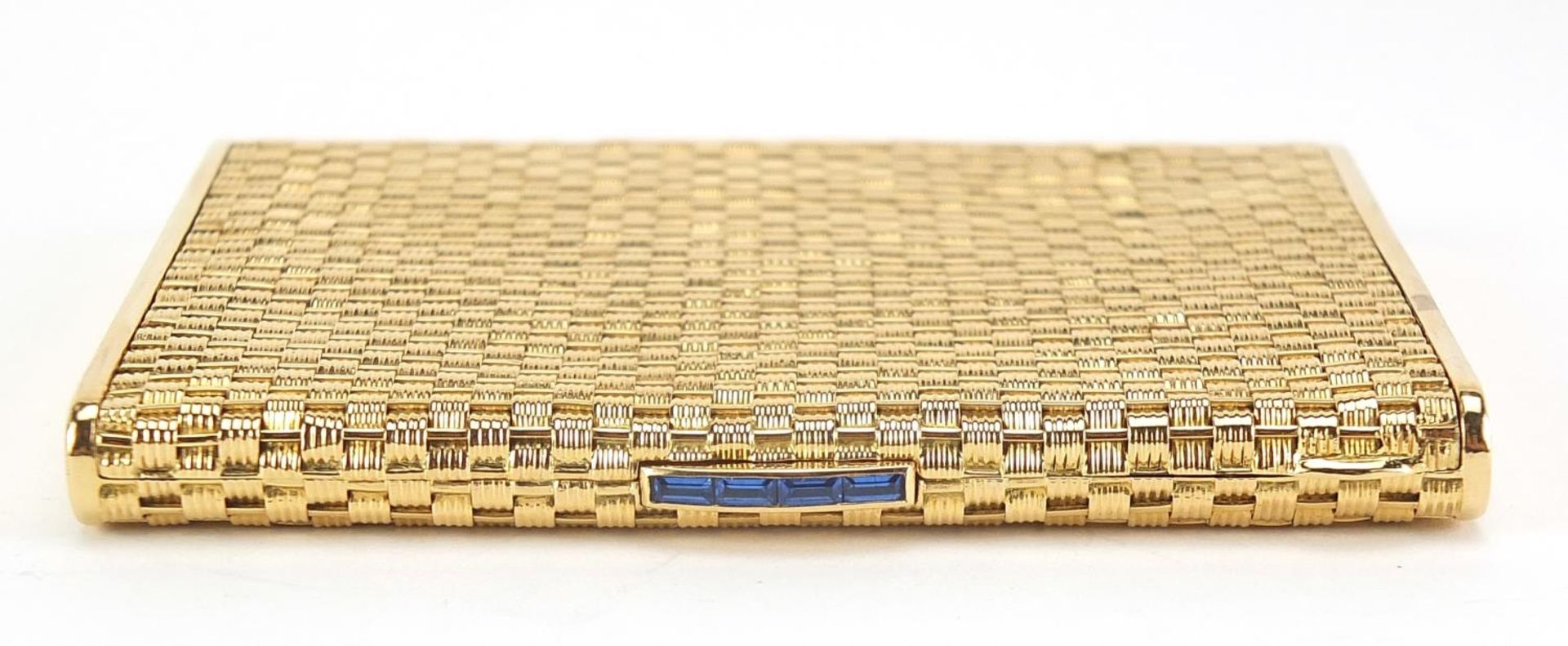 18ct gold basket weave design cigarette case with blue sapphire push button, marked 750 to the - Image 5 of 8